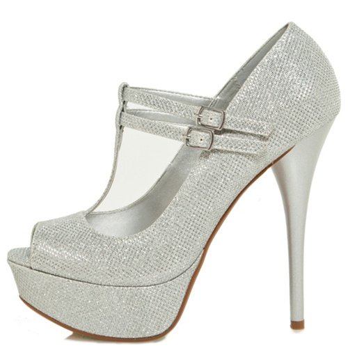 Qupid Women's Neutral-443 High Heel Glitter Pumps Shoes,Silver Glitter ...